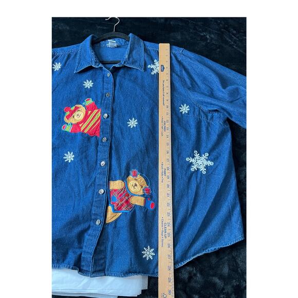 Fashion Bug size 30W Christmas button-up shirt denim teddy bears snow flakes - Picture 6 of 8